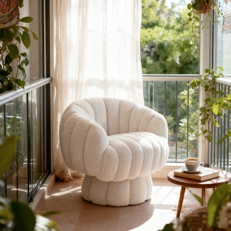 Upholstered Swivel Accent Chair Barrel Chair with Pillow, Beige Teddy