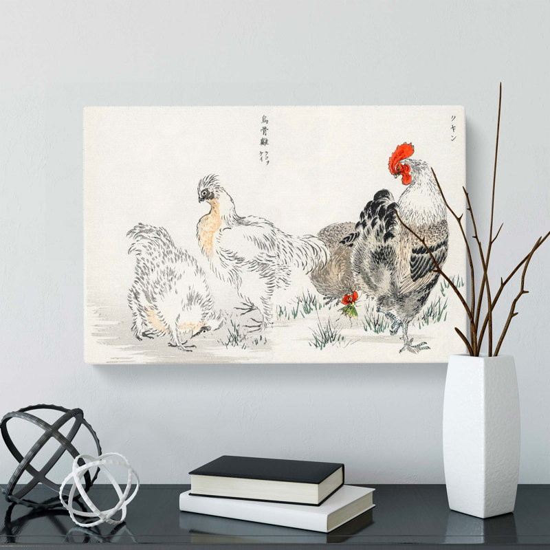 Cock & Hens by Numata Kashu - Wrapped Canvas Painting, 35cm H x 50cm W x 3cm D