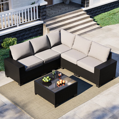 Ensemble de meubles de patio 6 pièces, avec coussins et table basse en verre, ensemble de canapé modulaire en osier de rotin Pe