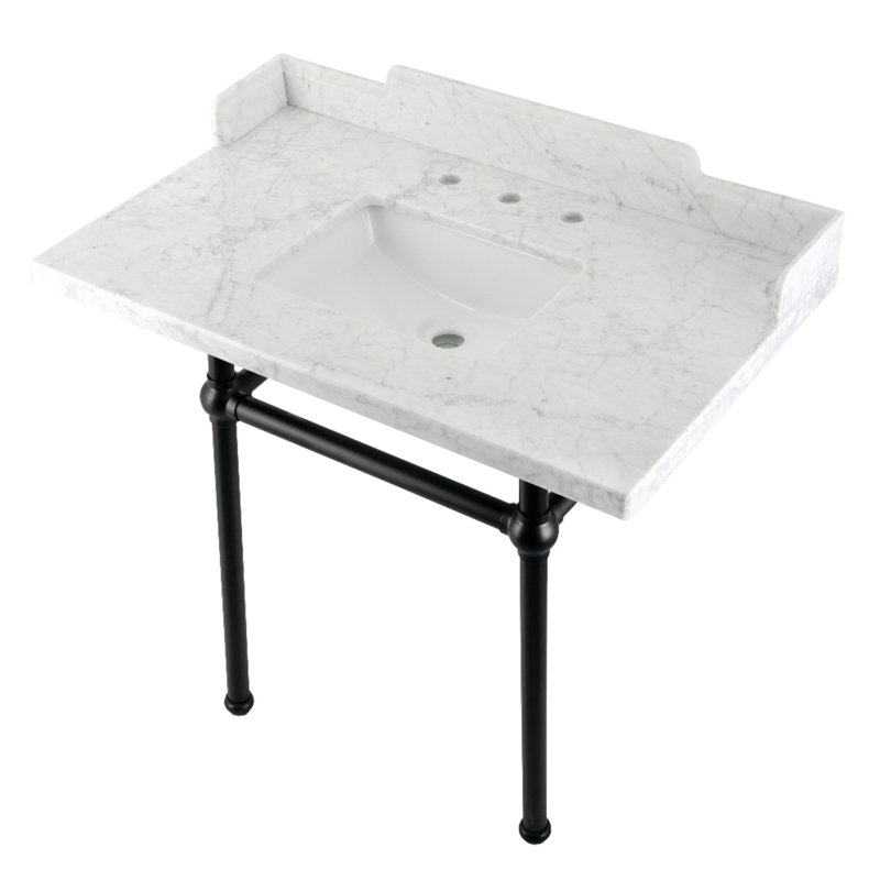 Kingston Brass Pemberton 36-Inch Carrara Marble Console Sink with Brass Legs (8-Inch, 3-Hole), Marble White/Matte Black