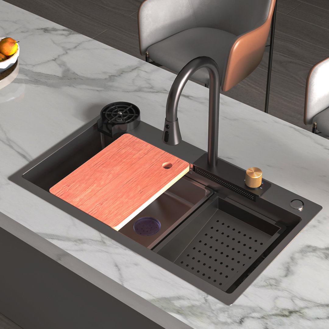 MEJE 32" New Waterfall Kitchen Sink, Upgraded 304 Stainless Steel Kitchen Sink,Flying Rain pull-out faucet, Anthracite Black Color (31.5''x17.75'')