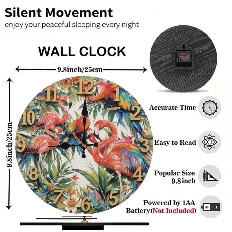 Clock With Tropical Flamingos Parrots
