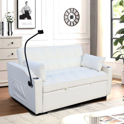 Lit convertible moderne 3 en 1, causeuse en velours beige, inclinable réglable, coussins décoratifs, poches, facile à nettoyer et à entretenir, livré avec 2 supports de téléphone doux, taille de lit double pour