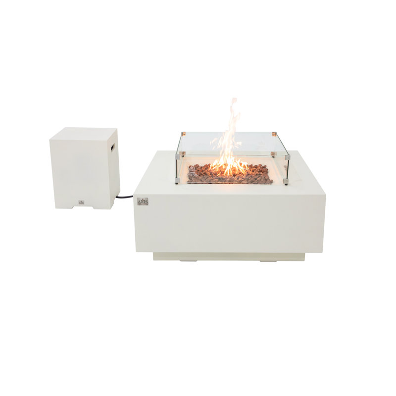 Brooklyn 40" Concrete Propane Fire Pit Table Bundle Includes Wind Guard And Burner Lid, Cream White