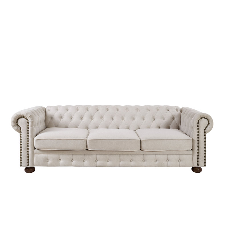 Canapé Chesterfield en tissu de lin beige