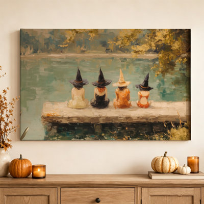 Trois sorcières au bord du lac - Tableau mystique sur toile tendue (51 x 76 cm), prêt à accrocher pour le salon, la chambre ou le bureau.