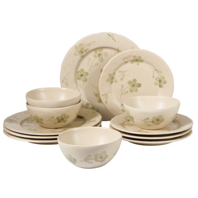 Bloomhouse - 2 Time Oprah's Favourite Things - Made in Portugal Hand Painted Dinnerware Set - Porto Petals 12 Piece (Service for 4) Floral Plates and Bowls Set - Green Orchid
