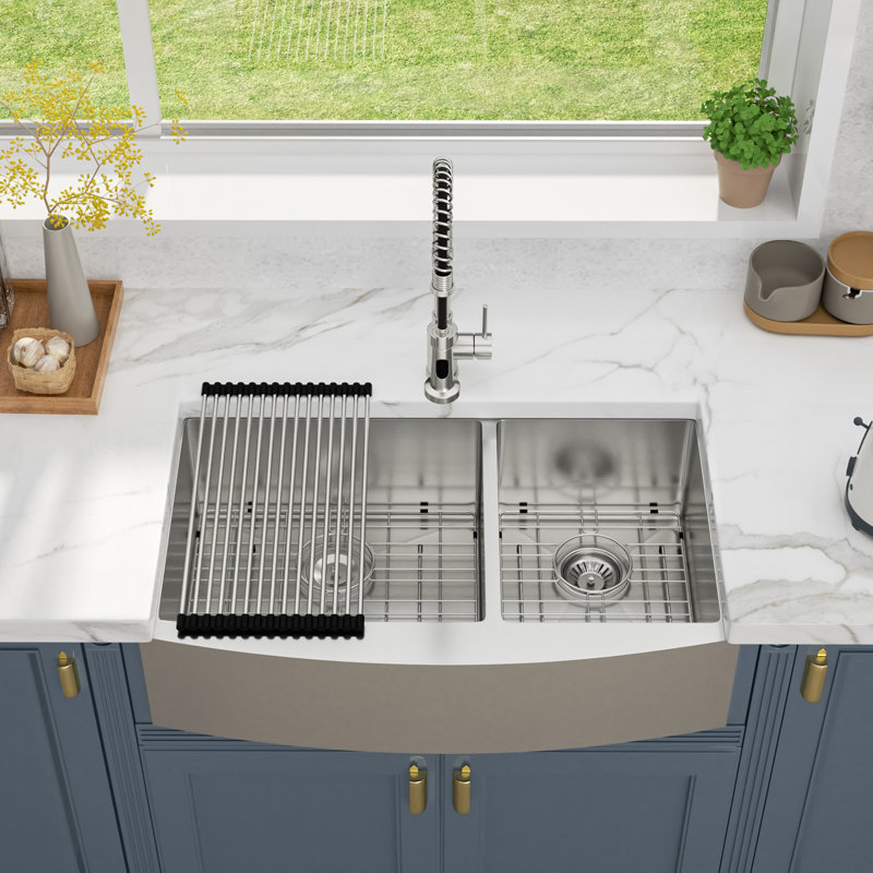 33" L x 20" W Double Bowl 60/40 Farmhouse Kitchen Sink Stainless Steel Single Bowl Kitchen Sink
