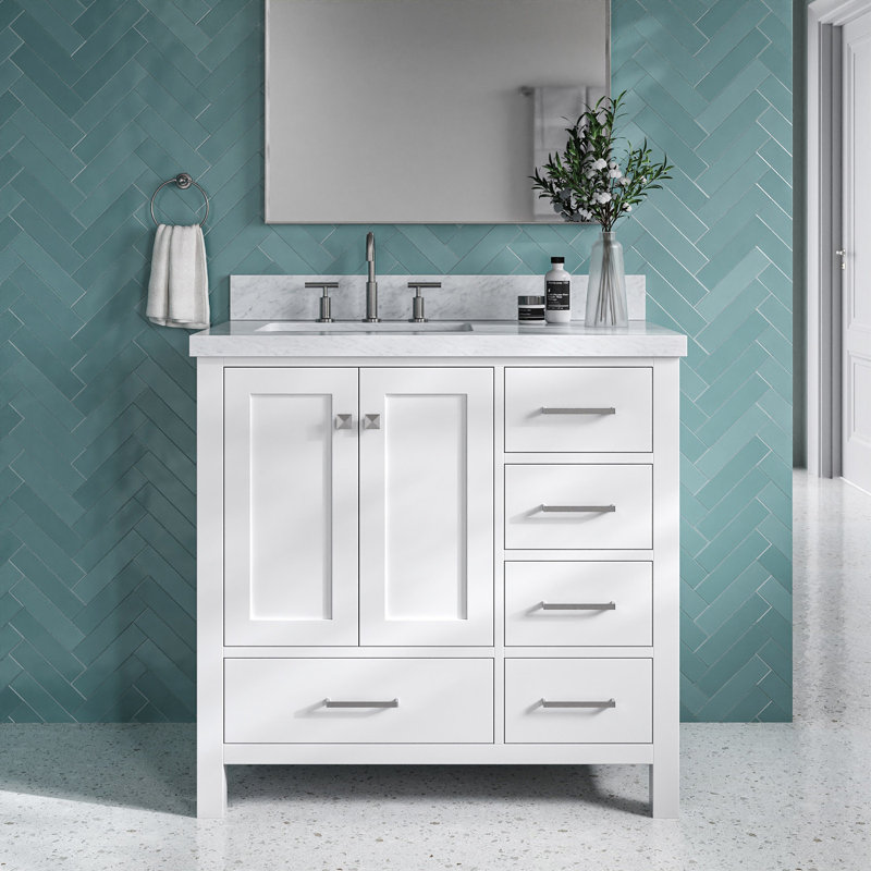 Cambridge 37'' Single Bathroom Vanity with Carrara Marble Top, White, Rectangular
