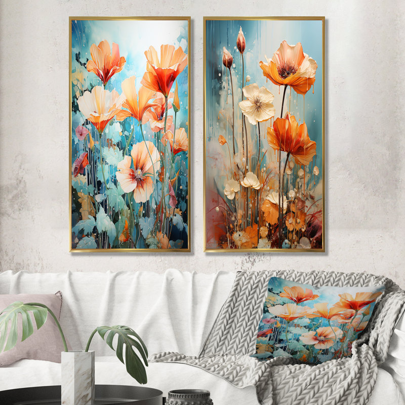 «Peach Wonderland Flower Garden», ensemble de 2 reproductions d'art mural, Encadrement doré, H 32 po x l 33 po