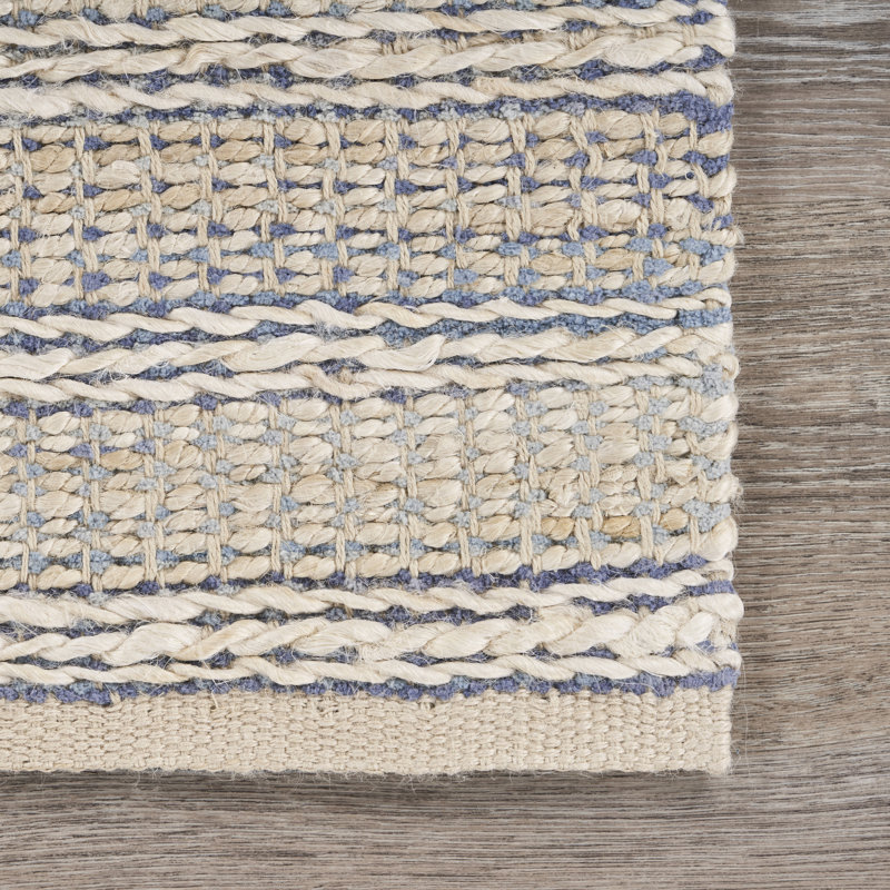 Tapis rayé en jute / coton bleu / blanc Coomer, Rectangle 7 pi 9 po x 9 pi 9 po