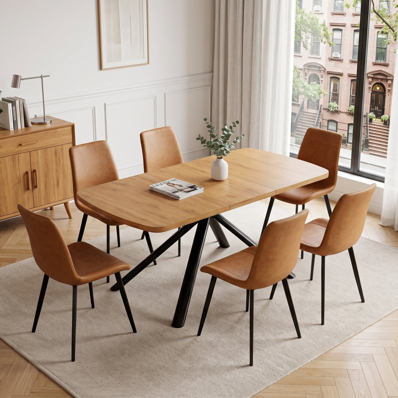 Ensemble de salle à manger 7 pièces, table en chêne et chaises rembourrées, 7 pièces : table, 6 chaises, Brun