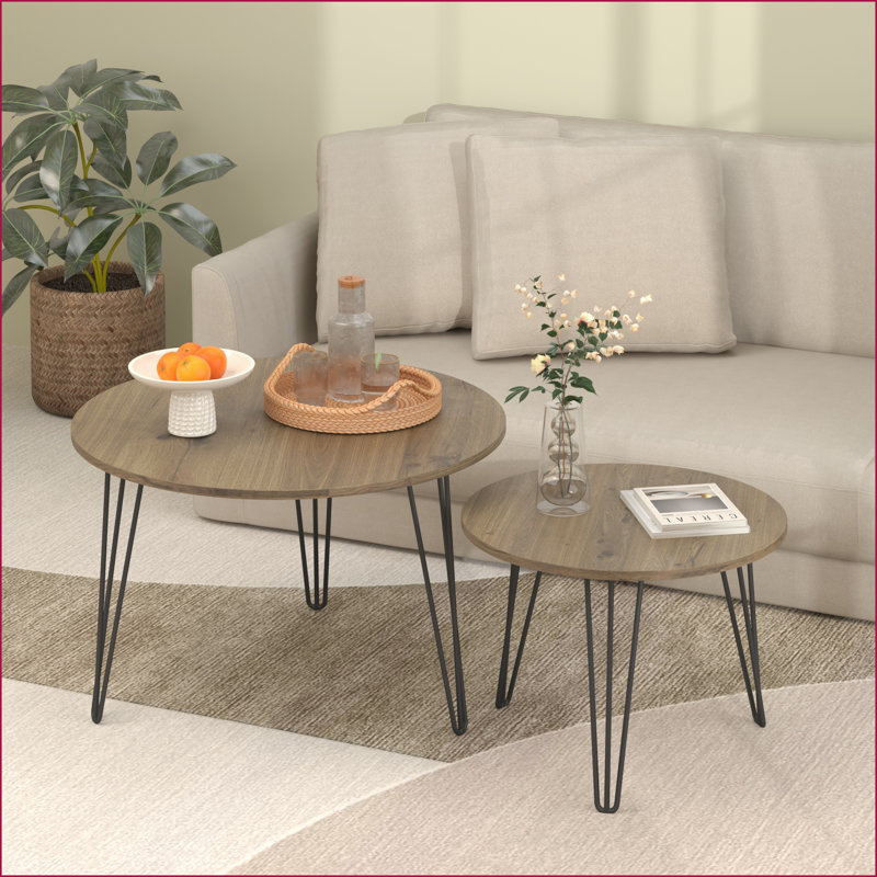 Ensemble de 2 tables basses gigognes ronds peu encombrantes, plateau en MDF brun Cadre en métal pour petits espaces, Brun