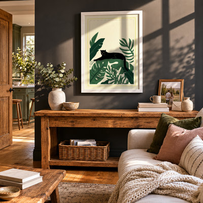 Black Cat in Foliage Japandi - Framed Print