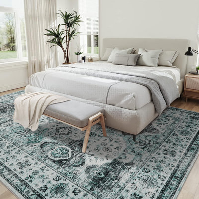 Tapis lavable 5 x 7, tapis rétro antidérapant vieilli pour le salon, tapis à imprimé floral oriental traditionnel à poils courts, tapis décoratif doux pour le bureau de la chambre à coucher, vert