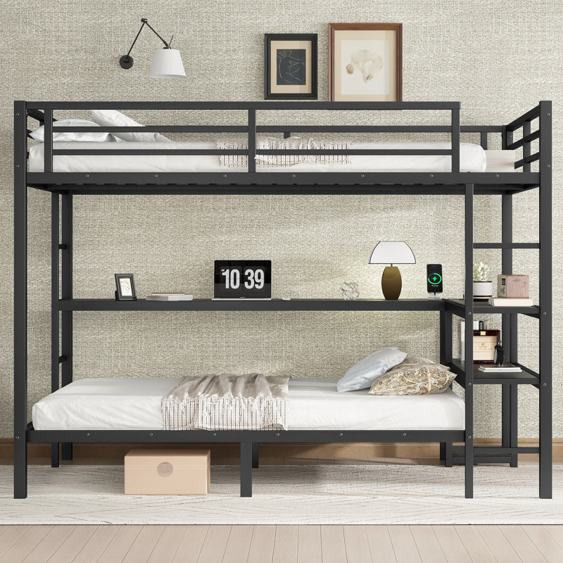 Lit superposé simple au-dessus de simple avec bureau et tablettes, avec plusieurs positions, avec DEL et USB