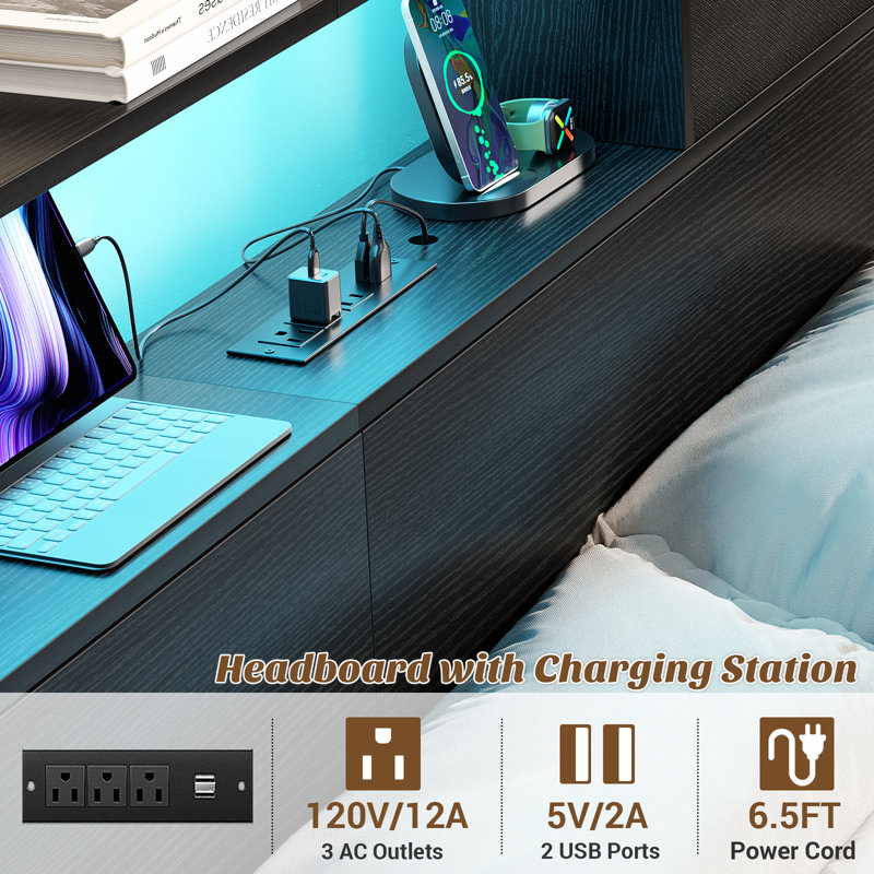 45.3" H Metal Storage Headboards With Cloth Darwers, Outlets,USB Ports And LED Lights, King, Black