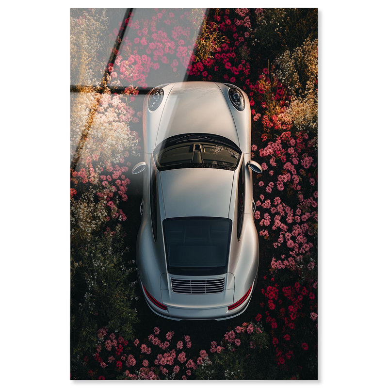 «Silver Car in Flower Field», reproduction acrylique par Notoriart, prête à être accrochée, H 45 po x l 30 po