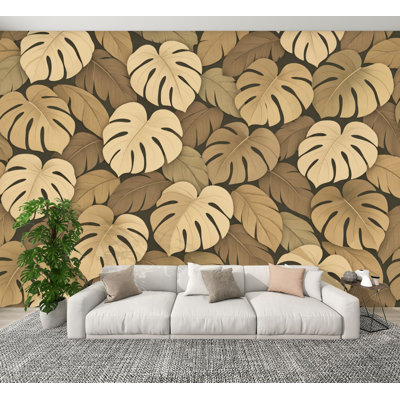 Papier peint à peler et coller, feuilles de papier peint Monstera tropical, feuilles terreuses, textures douces, H 100 po x l 144 po, papier peint amovible en PVC, adhésif pour chambre à coucher, bureau à domicile
