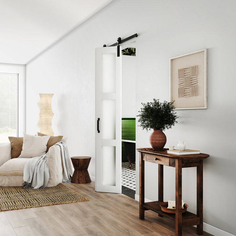 3 Lite Frosted Glass Prefinished Bi-Fold Barn Door With Hardware Kit, Assembly required, 30" x 84", 1