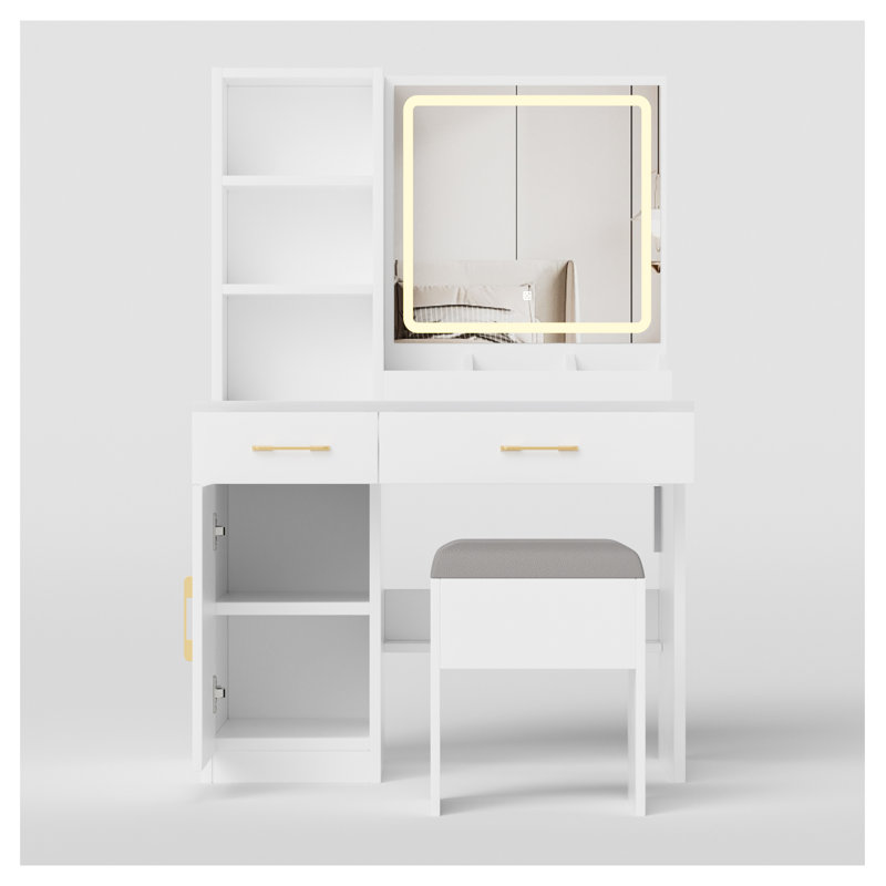 Coiffeuse 32 po avec miroir éclairé, rangement et tabouret coussiné