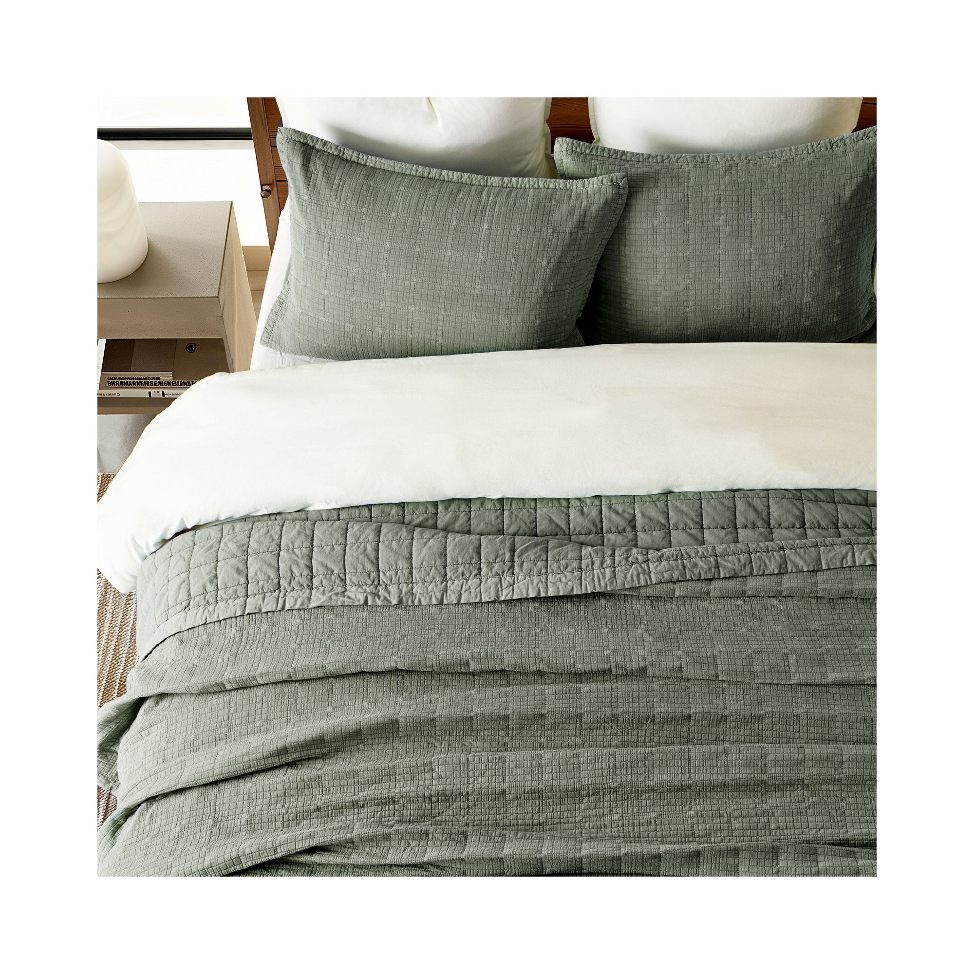 Stonewashed Crinkle Cotton Box Stitch Quilt Set, Olive Green, Queen Quilt + 2 Queen Shams