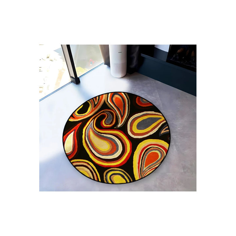 Izmir Round Dark Tone Multicolored Shapes Woven Base Modern Decorative Rug, Round 4'