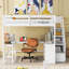 Lit mezzanine double avec bureau intégré en forme de L et tablettes de rangement à trois niveaux, et escalier de rangement attaché, blanc