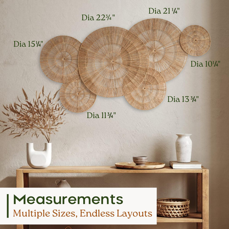 Ensemble de 6 pièces Boho, paniers muraux ronds tissés à la main (10 po à 23 po), grand art mural pour salon, bureau à domicile