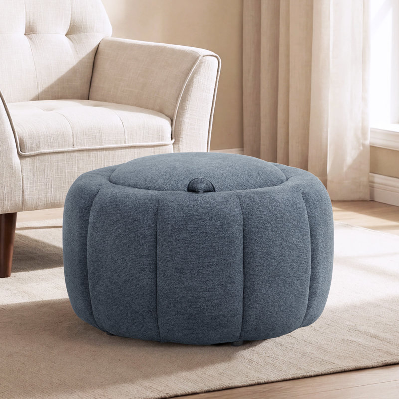 27.5'' Upholstered Round Storage Ottoman, Chenille - Blue