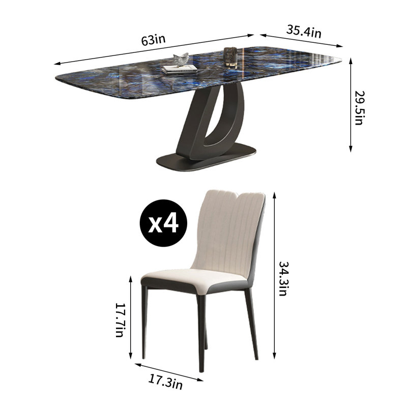 Ensemble de table de salle à manger rectangulaire en pierre bleue Microlite, H 29,5 po x L 63 po x l 35,4 po