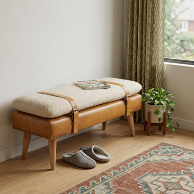 Banc rembourré de 35 pouces en cuir véritable bouclé ivoire et naturel et bois massif