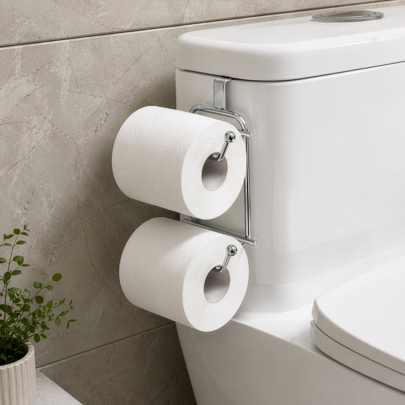 Basicwise Over-the-Side Tank Double Toilet Paper Holder Compact Modern Bathroom Organizer Practical Storage Rack for Extra Rolls Offering Quick & Easy Access for Everyday Use Neat Space Accent, Silver