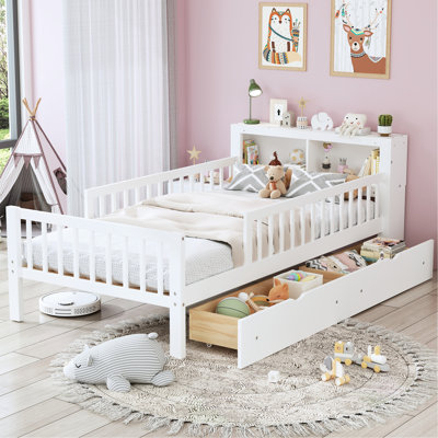 Lit simple avec rangement pour tête de lit - Deux garde-corps sous les tiroirs, propreté blanche et look moderne