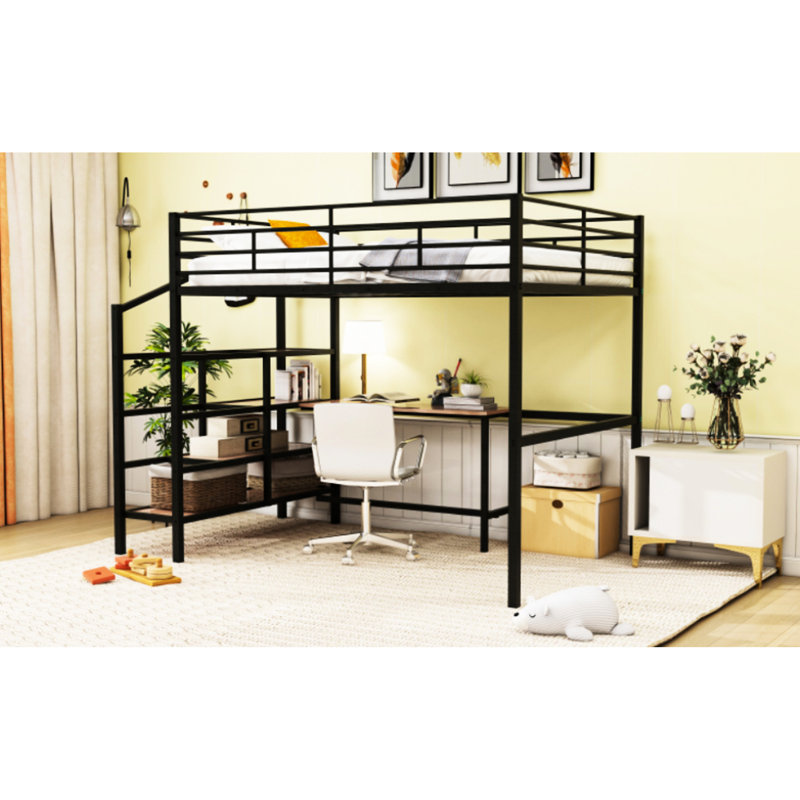 Lit mezzanine double en métal avec bureau et tablette latérale, noir - Transformez votre espace de rangement de qualité en maximisant le style de votre chambre