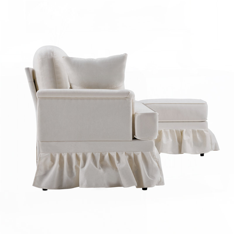 Canapé modulaire moderne avec jupe à volants amovible, chenille, repose-pieds, en forme de L, Blanc