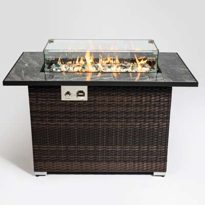 Table de foyer au gaz propane 44 pouces, plateau de table en céramique, 50000BTU, rectangulaire, couvercle, housse de pluie, roches en verre brillant, table avec comptoir à carreaux, fosse extérieure, roches radieuses