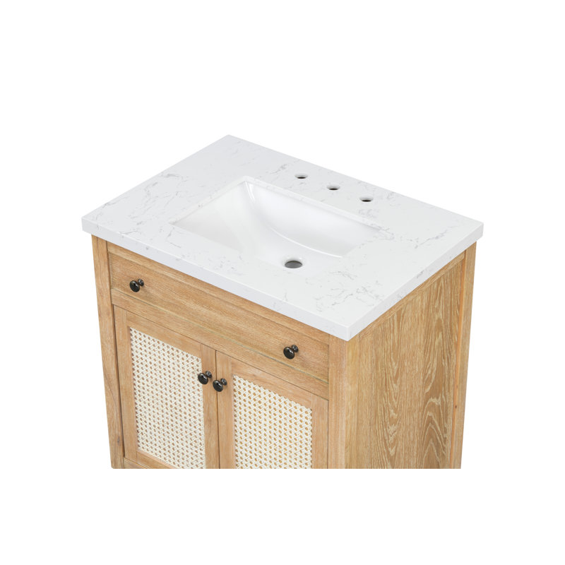Meuble-lavabo de salle de bain de 31 pouces en chêne clair avec panneaux en rotin, comptoir en pierre reconstituée et portes à fermeture amortie