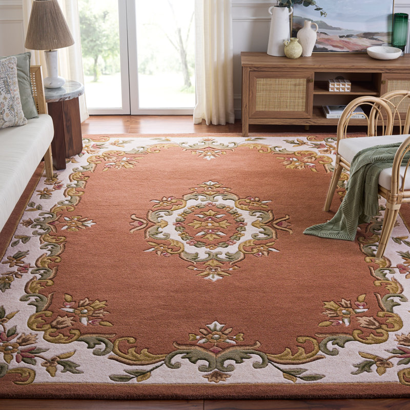Tapis floral en laine / coton touffeté à la main Aubusson pêche / ivoire, Rectangle 8 pi x 10 pi