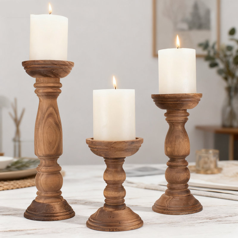Farmhouse Wooden Candle Holders Set Of 3, Rustic Table Centerpiece Decor For Pillar And Flameless Candles, Vintage Tall Candle Stand