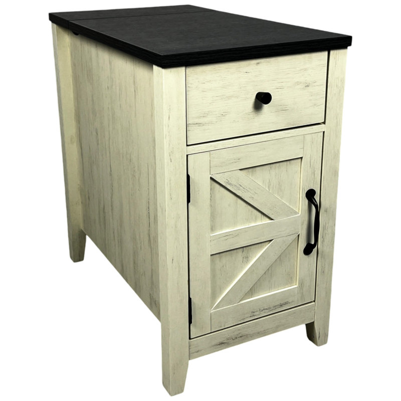 Bedroom End Stand - White + Black, With Charging Station And Large Cabinet Living Room Table Ports, Drawer Elegant Design In Black