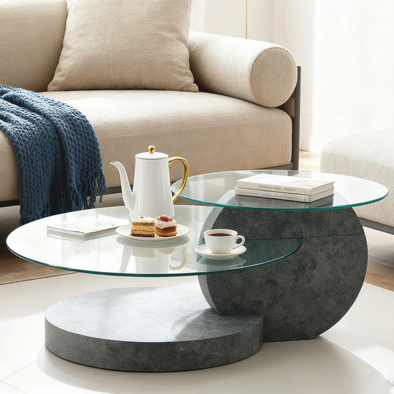 Table basse à deux niveaux en verre trempé transparent, Gris