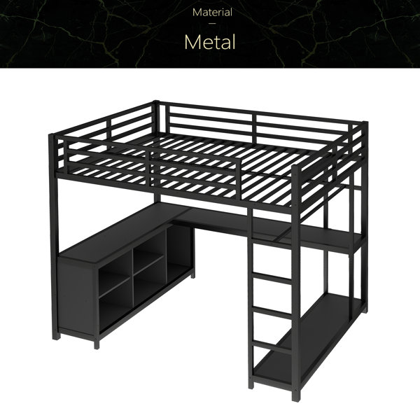 Harriet Bee Metal Loft Bed With Wardrobe And L-Shaped Desk, Queen Size ...