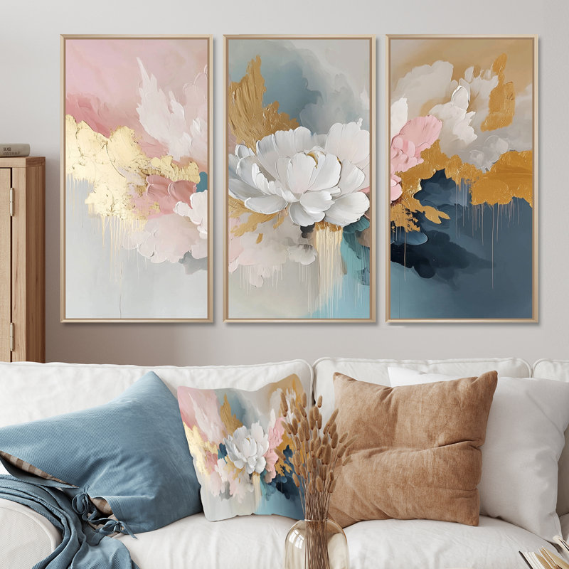 «White Brushstroke Abstract Paint III», ensemble de salon d'art mural pivoines, H 40 po x l 60 po x P 1 po