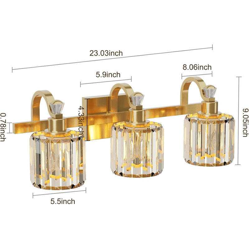 Luminaire de salle de bain moderne en cristal 3 lumières, Doré