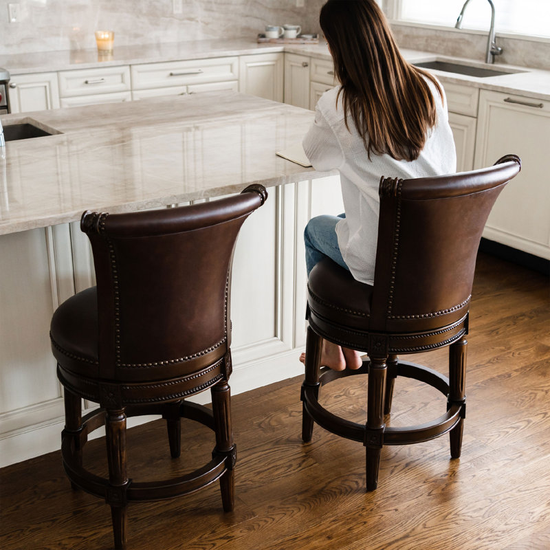 Weathered Oak Swivel Counter Stool with Vegan Leather Upholstery