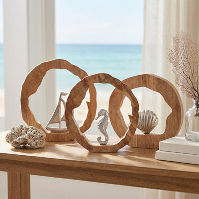 Ensemble de 3 figurines décoratives de style bord de mer Amanie sur des sculptures rondes en bois pour la décoration intérieure