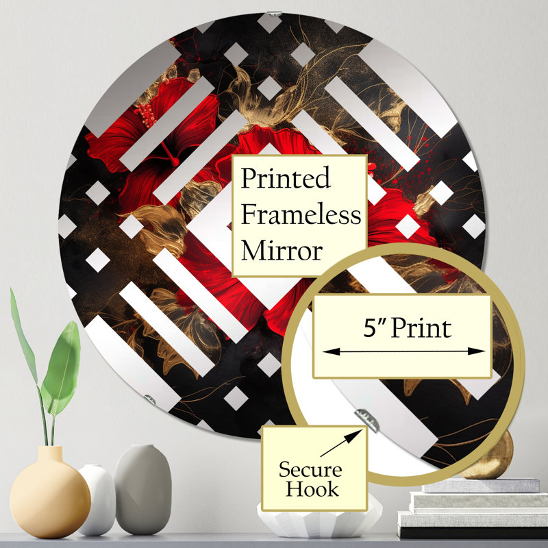 Miroir décoratif rouge Hibiscus doré sur fond rouge II, 23,6 po x 23,6 po