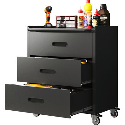 3 Drawer Heavy-duty Metal Storage Cabinet With Wheels - Garage, Office, Home. Steel, Black. 360 Rotatable Wheels. Spacious Storage. 160lb Guarded Top 3 On For 29.82"w X 16.72"d 34.29"h. Rotating &