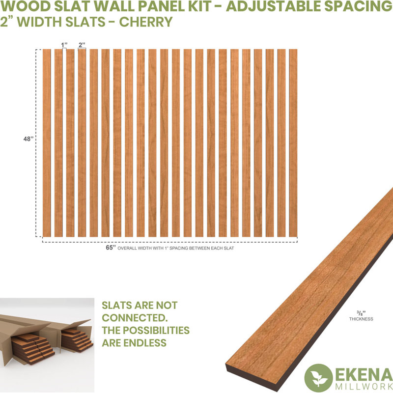 Adjustable Wood Slat Wall Panel Kit, 4"W x 94"H x 0.375"T, Cherry
